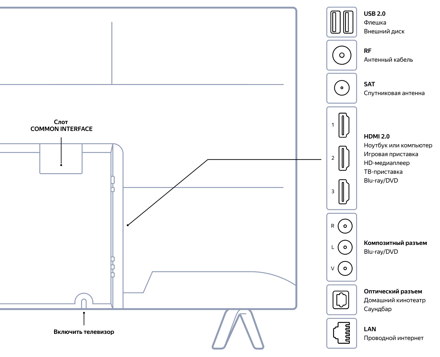 Схема задней панели Первого Умного телевизора Яндекса с Алисой: порты, кнопка включения и микрофон