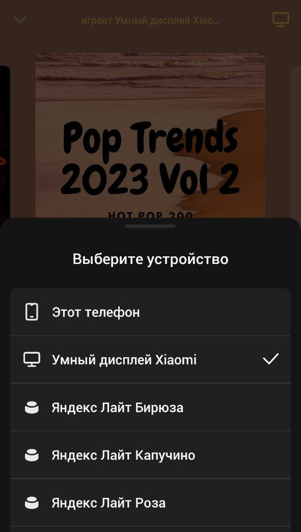 Экран выбора устройств в приложении