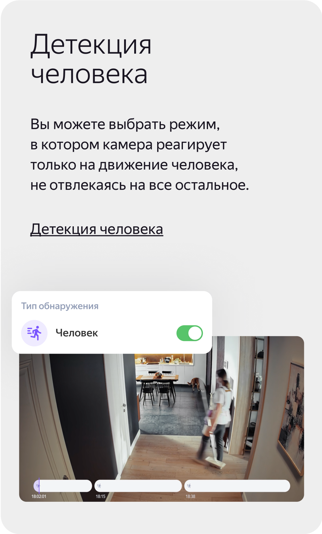Детекция человека. Вы можете выбрать режим, в котором камера реагирует только на движение человека, не отвлекаясь на все остальное. 
